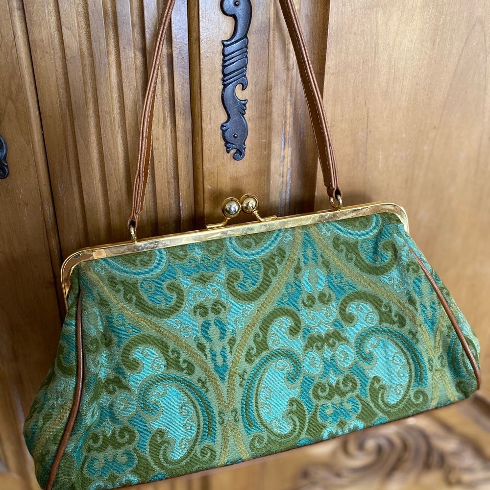 Green and Gold Structured Shoulder Bag with Chain Strap